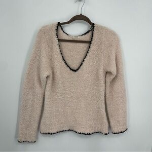 Barefoot Dreams CozyChic V Neck Blush Sweater Top with Blanket Stitch Trim M